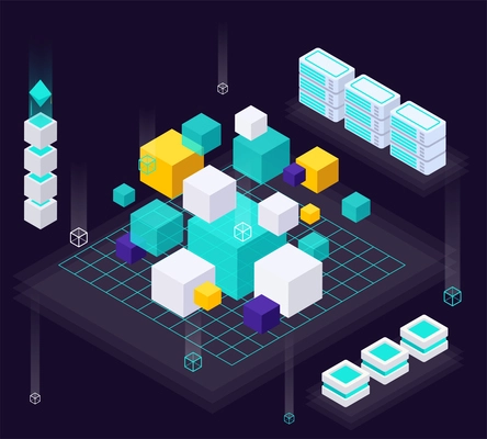 Data economy isometric composition with lots of colorful cubes of different size with server racks outline vector illustration