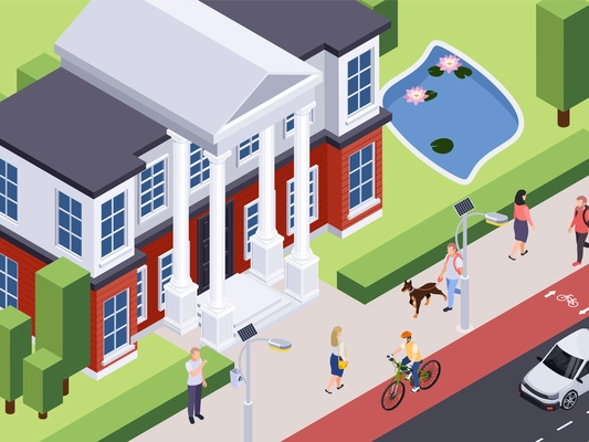 Classic architecture isometric composition with outdoor urban landscape and vintage style building with pond and people vector illustration