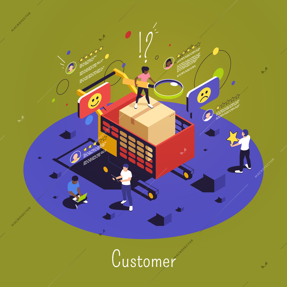 Customer isometric composition with people performing quality control of products through customer feedback vector illustration