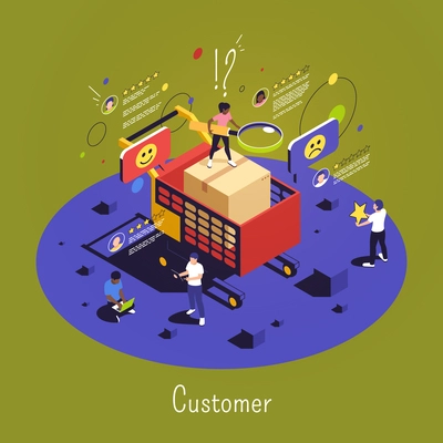 Customer isometric composition with people performing quality control of products through customer feedback vector illustration