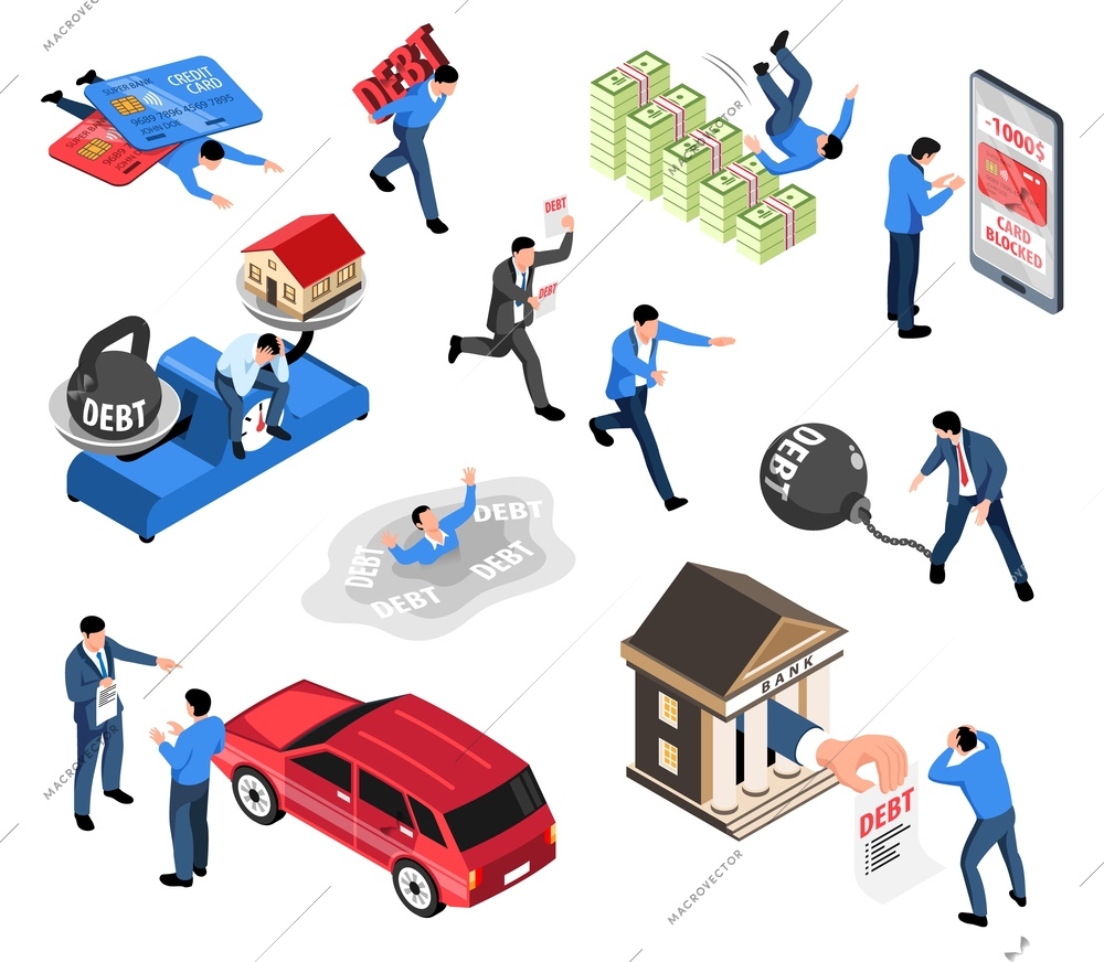 Isometric credit bankruptcy financial problems icon set man with a lot of debt who is pulling it vector illustration