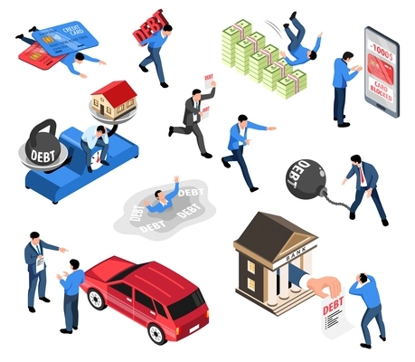 Isometric credit bankruptcy financial problems icon set man with a lot of debt who is pulling it vector illustration