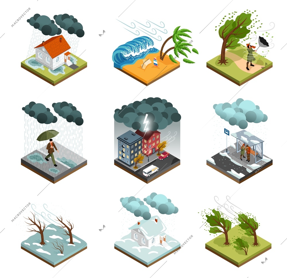 Isometric storm weather icon set nine isolates with different weather manifestations wind rain hurricane vector illustration