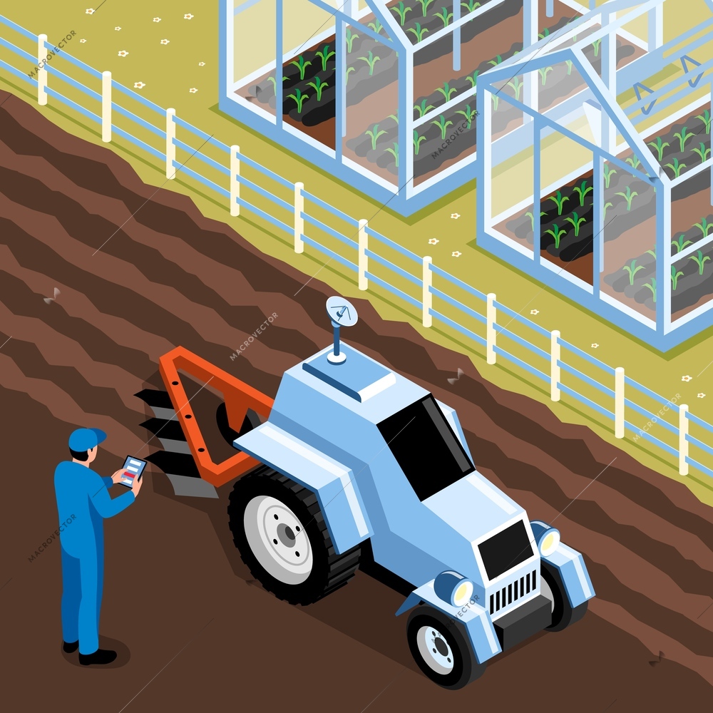 Isometric smart farm composition person controls the tractor with a smartphone or tablet vector illustration