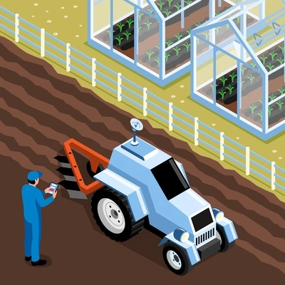 Isometric smart farm composition person controls the tractor with a smartphone or tablet vector illustration