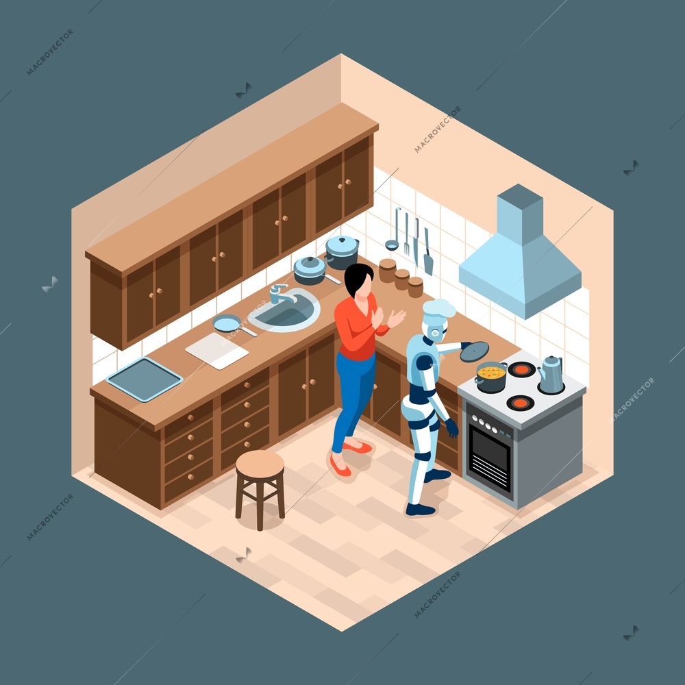 Isometric robot assistant isolated concept person is happy and claps his hands at the robot that made the soup vector illustration