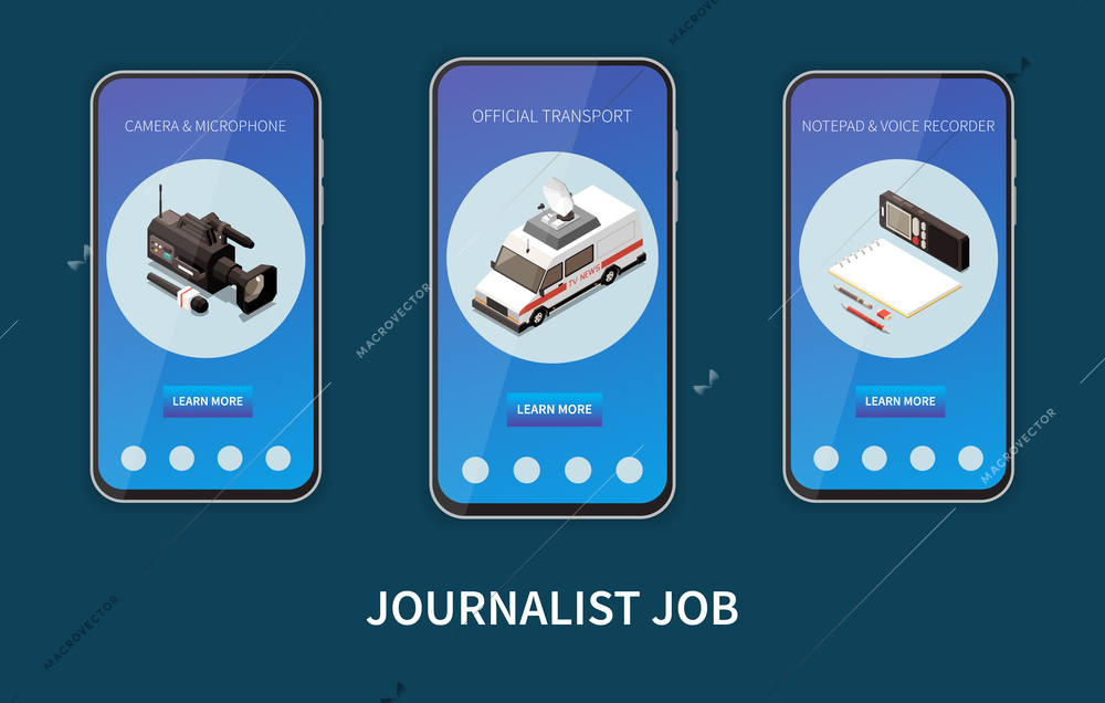 Journalist and reporters isometric concept set with news media mobile app templates isolated vector illustration
