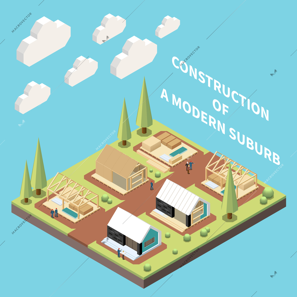 Modern suburb construction isometric concept with modular frame building vector illustration