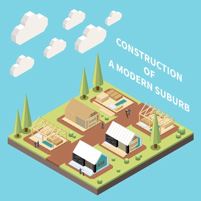 Modern suburb construction isometric concept with modular frame building vector illustration