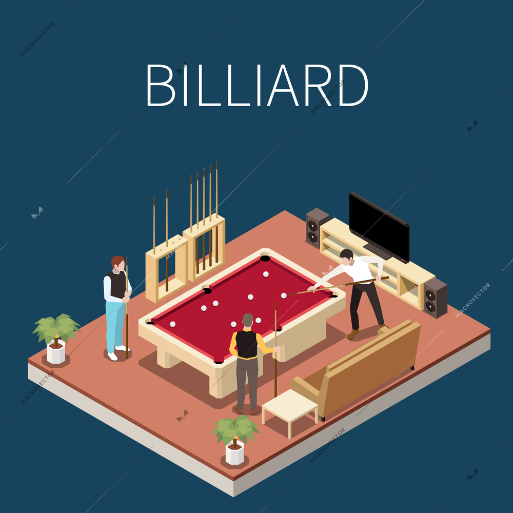 Indoor and table games isometric concept with men playing billiard vector illustration