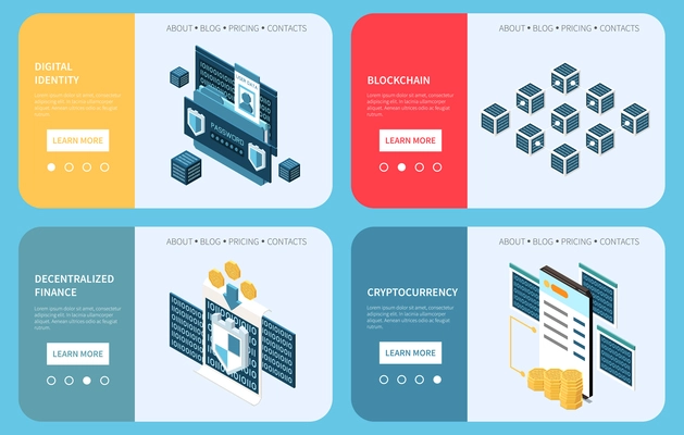 Web 3.0 technology isometric banner set with digital identity and blockchain website templates isolated vector illustration