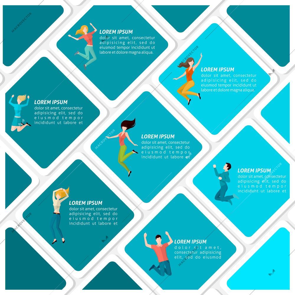 Happy cheerful men and women people jumping infographic set vector illustration