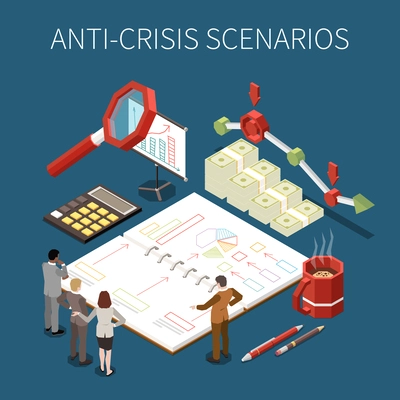 Anti-crisis scenarious isometric concept with company management trying to solve business problems vector illustration