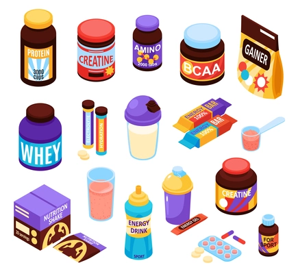 Sport nutrition set with energy bars isometric isolated vector illustration