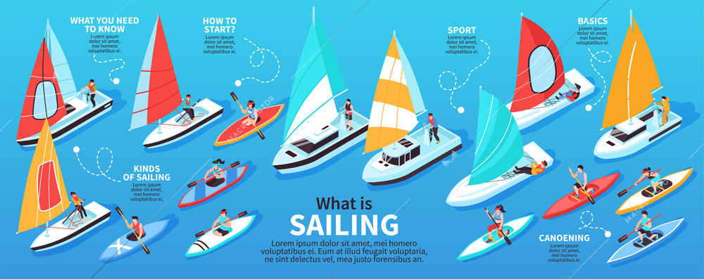 Regatta infographic set with sailing sport symbols isometric vector illustration