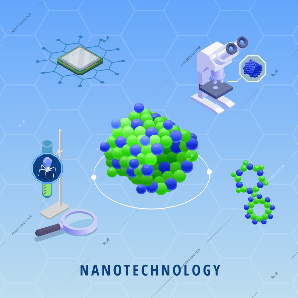 Nanotechnology nanomedicine innovative technologies with microchip microscope dna on color background isometric vector illustration