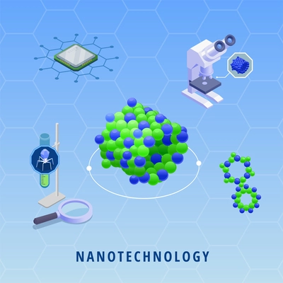 Nanotechnology nanomedicine innovative technologies with microchip microscope dna on color background isometric vector illustration