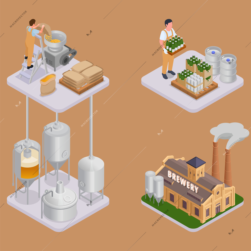 Beer production compositions set with brewery equipment building and warehouse worker packing bottles isolated on color background isometric vector illustration