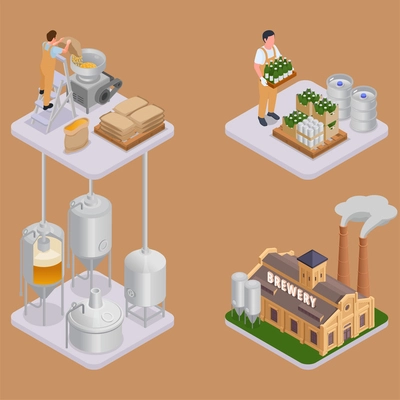 Beer production compositions set with brewery equipment building and warehouse worker packing bottles isolated on color background isometric vector illustration
