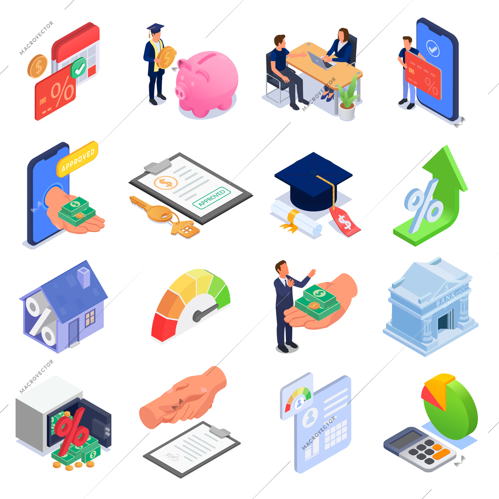 Bank loan interest rate mortgage credit isometric icons set isolated against white background 3d vector illustration