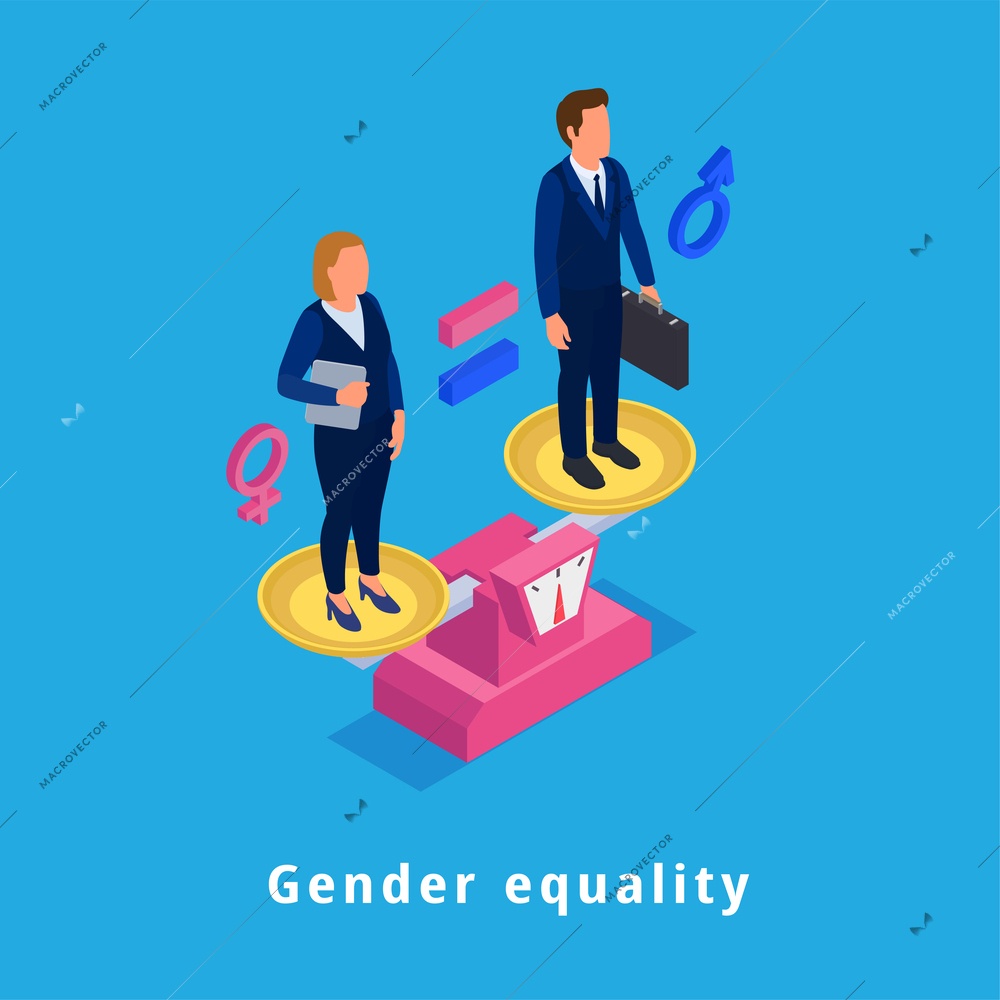 Isometric gender equality concept with female and male workers on scales having equal job opportunities 3d vector illustration