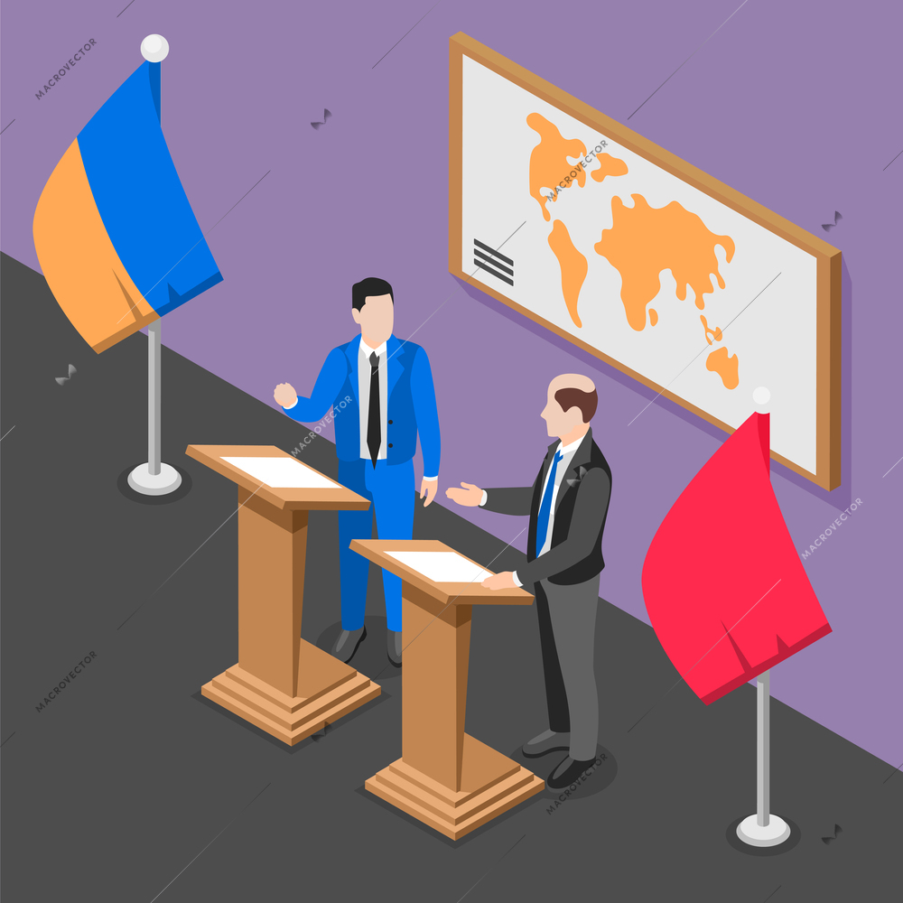 Diplomacy and diplomat isometric concept two men discussing important political issues vector illustration
