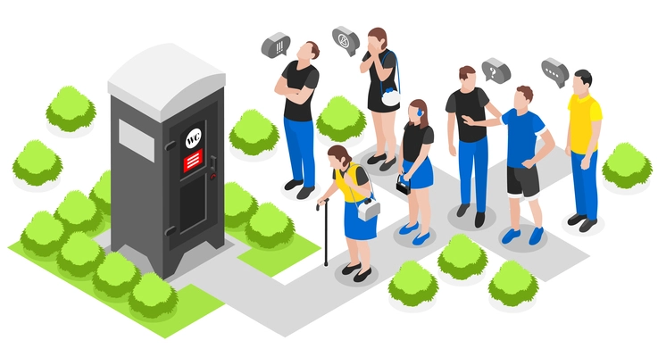 Isometric colored queue composition people in the park waiting their turn in front of the toilet vector illustration