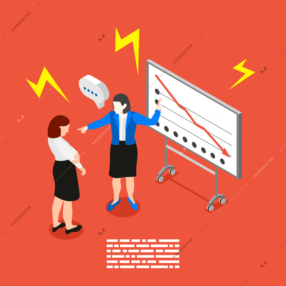 Bad boss isometric red composition the boss scolds an employee for a drop in performance vector illustration