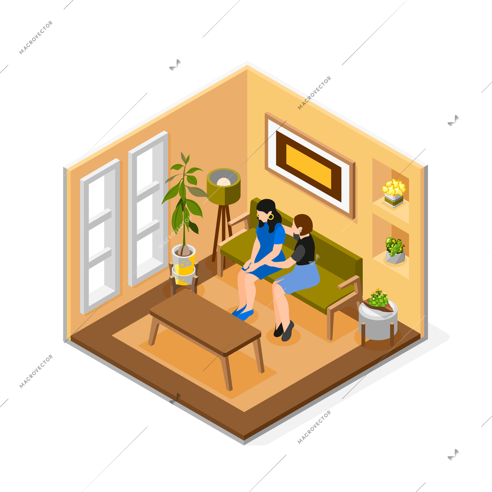 Two female friends colored and isometric composition friend supports her significant other vector illustration