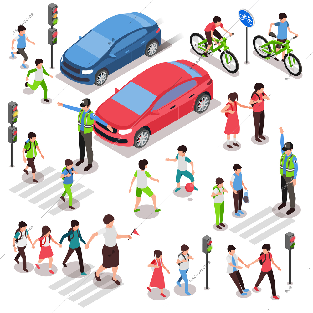 Children road safety rules set with isometric human characters walking riding bicycles with cars and policeman vector illustration