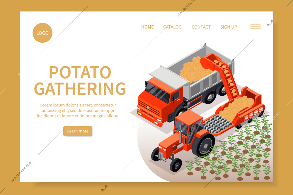 Potato chips production isometric web site landing page with plantation machinery editable text and clickable links vector illustration