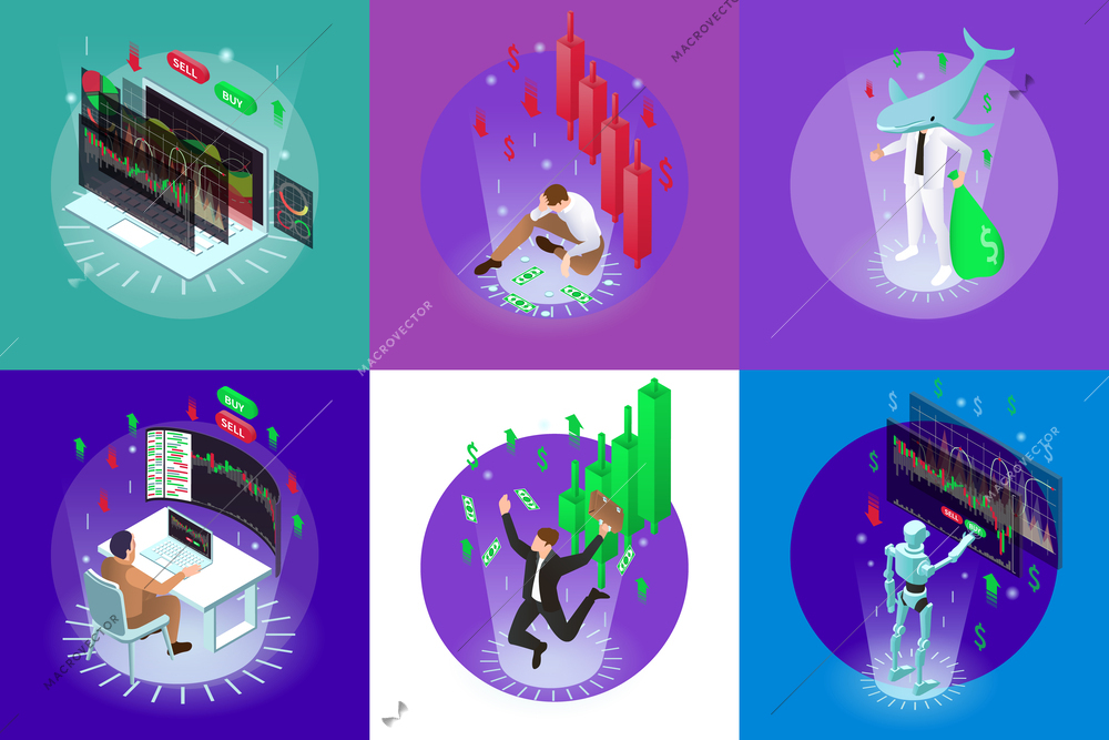 Trading set with isolated round compositions of isometric bar and graph icons with cyber human characters vector illustration
