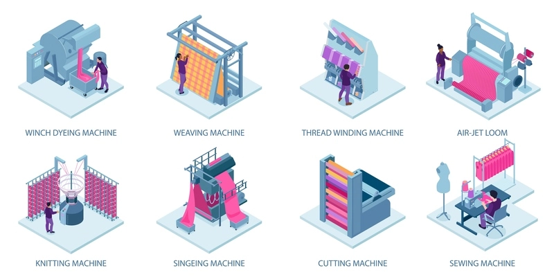 Isometric textile industry set with isolated compositions of text captions and images of fabric production facilities vector illustration