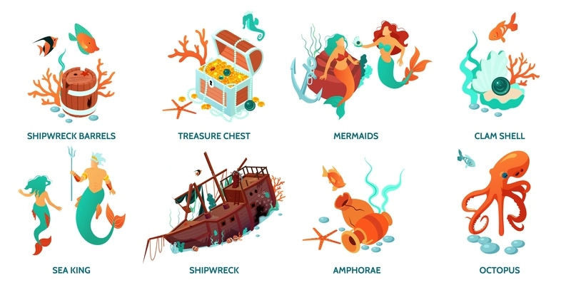 Set with isometric underwater world compositions with isolated images of shipwreck treasure mermaids shells with text vector illustration