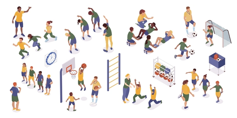 Isometric physical education lesson set of isolated icons with adult trainers helping kids with pe exercises vector illustration