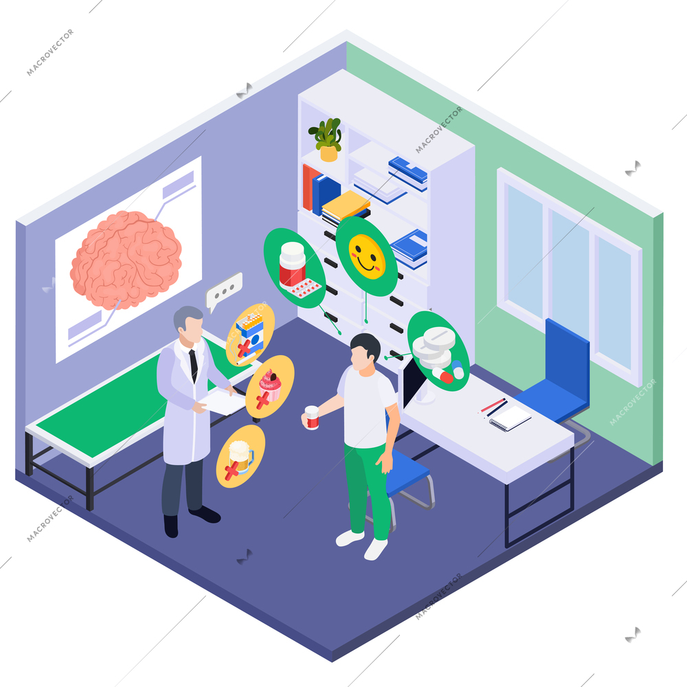 Mental health wellness icons composition with isolated doctors office interior with human characters and thought bubbles vector illustration