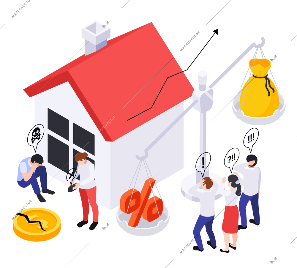 Financial crisis inflation isometric composition with icons of cracked coin mortgage house and people in despair vector illustration