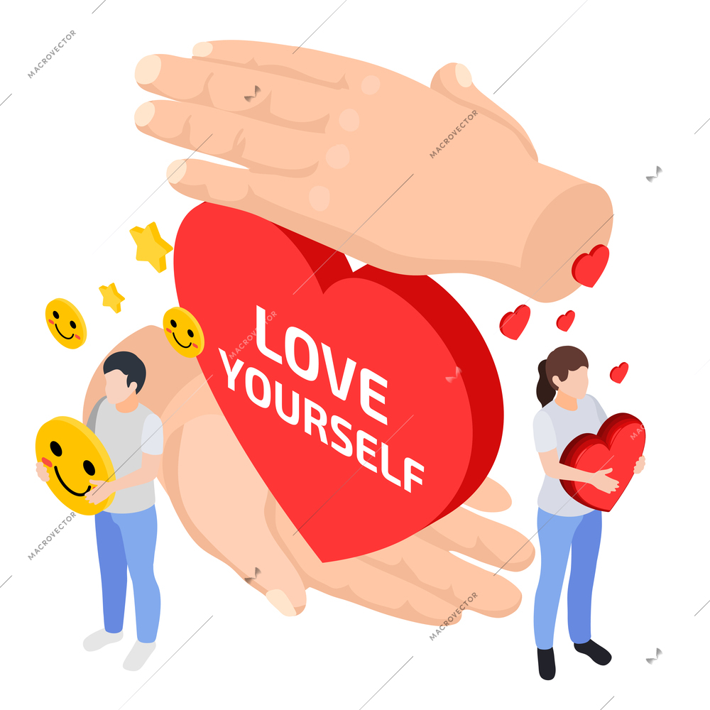 Self esteem improvement isometric composition with human hands holding heart and characters of man and woman vector illustration