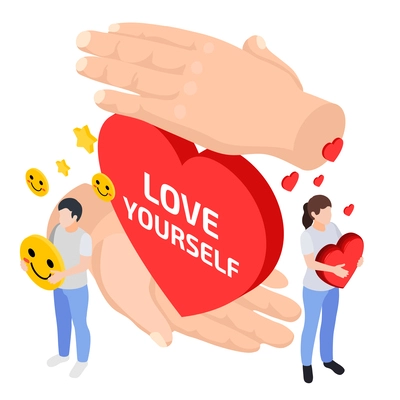 Self esteem improvement isometric composition with human hands holding heart and characters of man and woman vector illustration