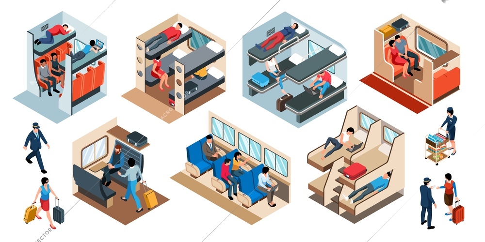 Railway train wagon compartment isometric set with sleeping people passengers with luggage members of staff isolated vector illustration