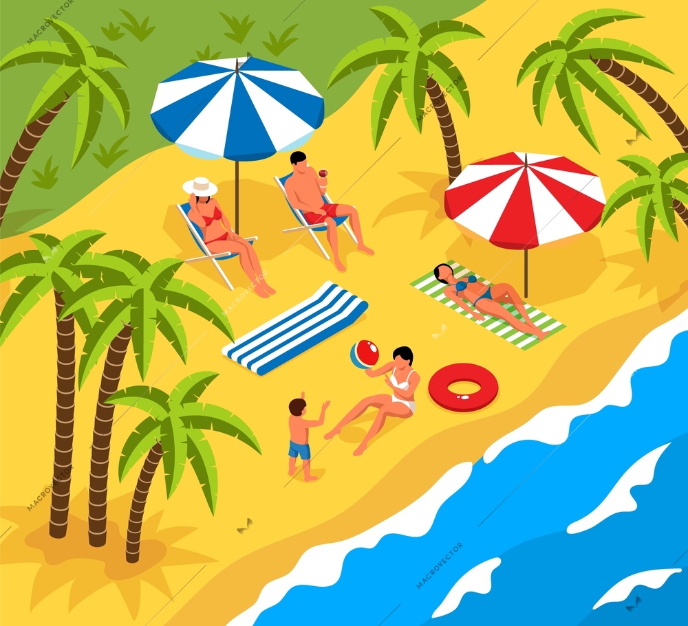 Isometric tropical beach landscape with palms and people relaxing in lounges mum playing ball with kid 3d vector illustration