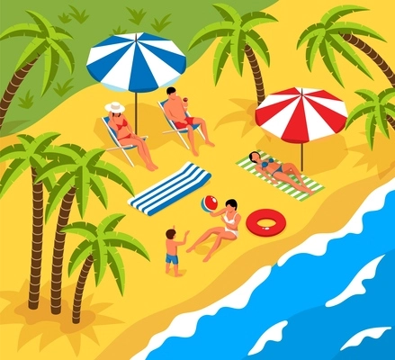 Isometric tropical beach landscape with palms and people relaxing in lounges mum playing ball with kid 3d vector illustration