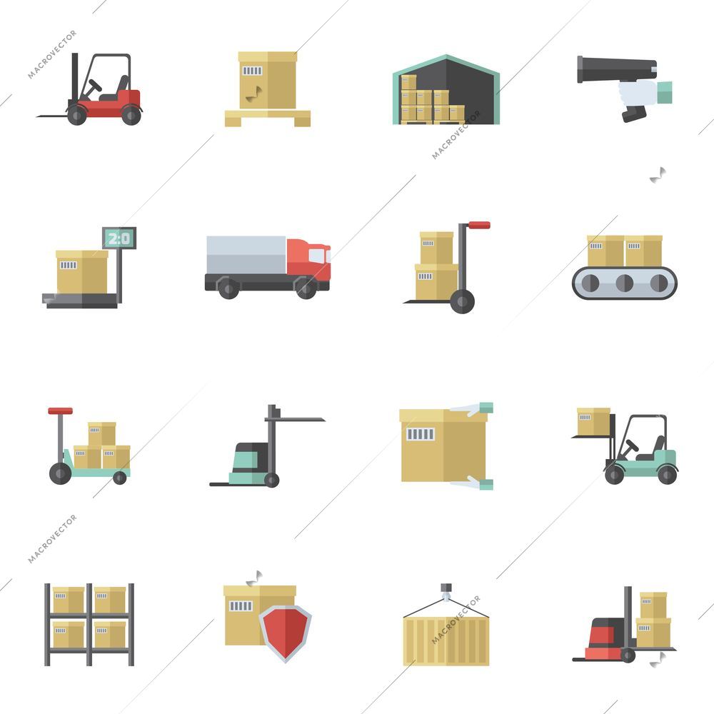 Warehouse shipping and logistics freight transportation icons flat set isolated vector illustration