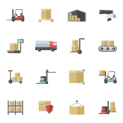 Warehouse shipping and logistics freight transportation icons flat set isolated vector illustration