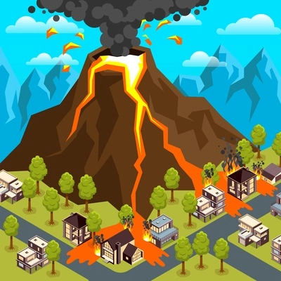 Natural disaster volcanic eruption landscape with flows of lava and burning houses 3d isometric vector illustration