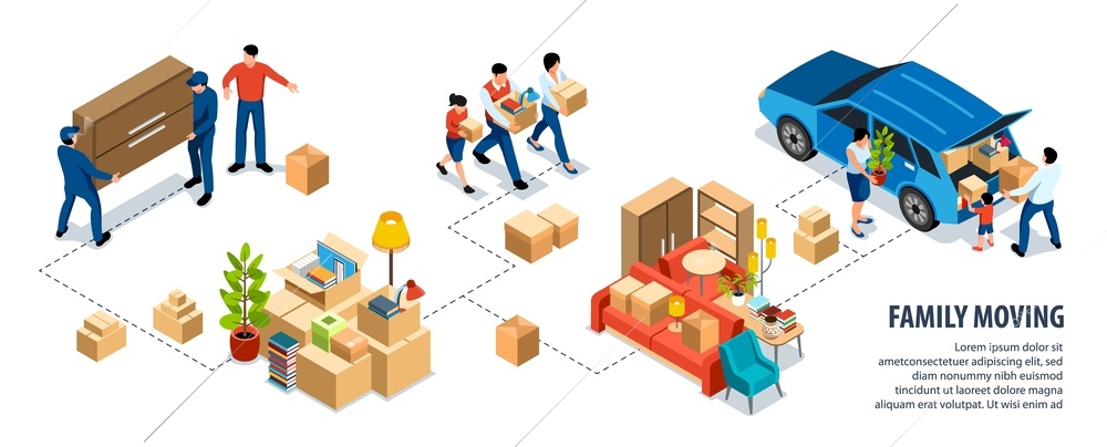 Family moving infographics with packed belongings movers carrying furniture people loading boxes into car 3d isometric vector illustration