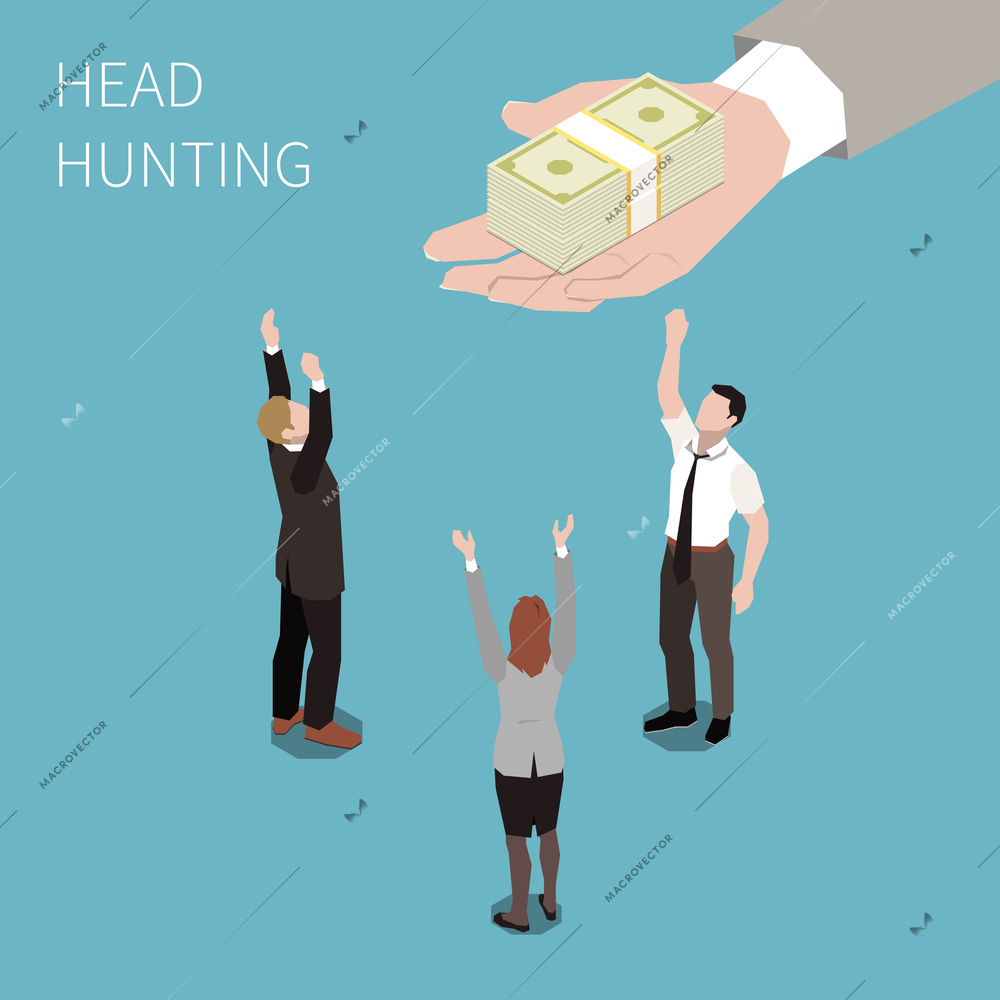 Headhunting isometric concept with three job candidates and recruiter hand holding stack of banknotes 3d vector illustration