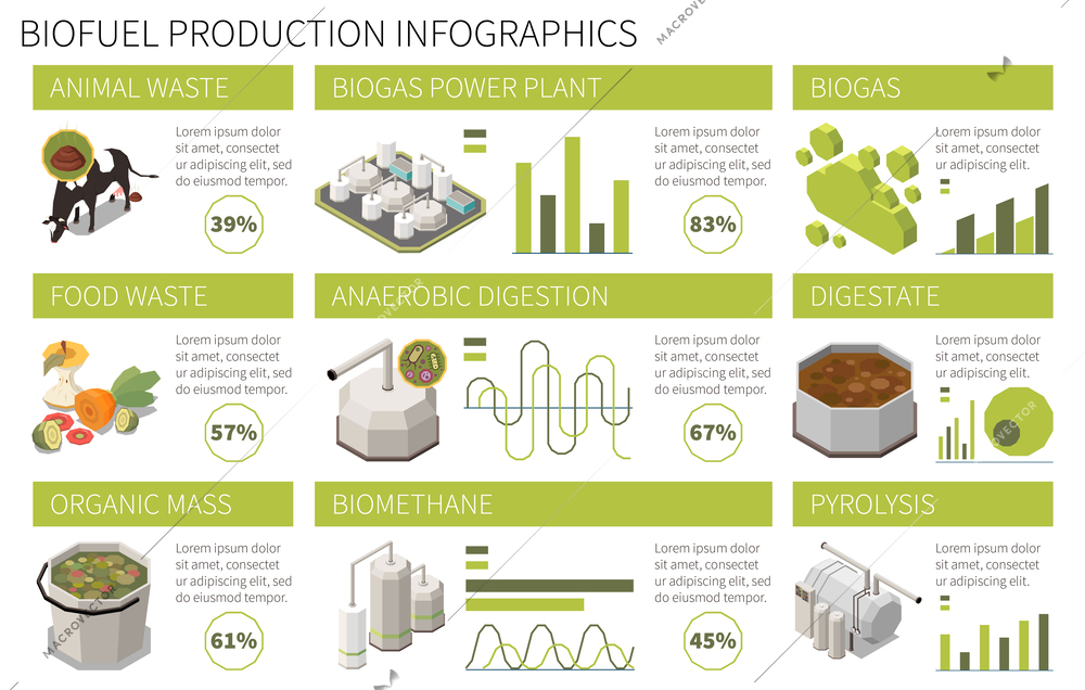 Isometric biofuel production horizontal infographics with animal waste anaerobic digestion biogas power plant percentage 3d vector illustration