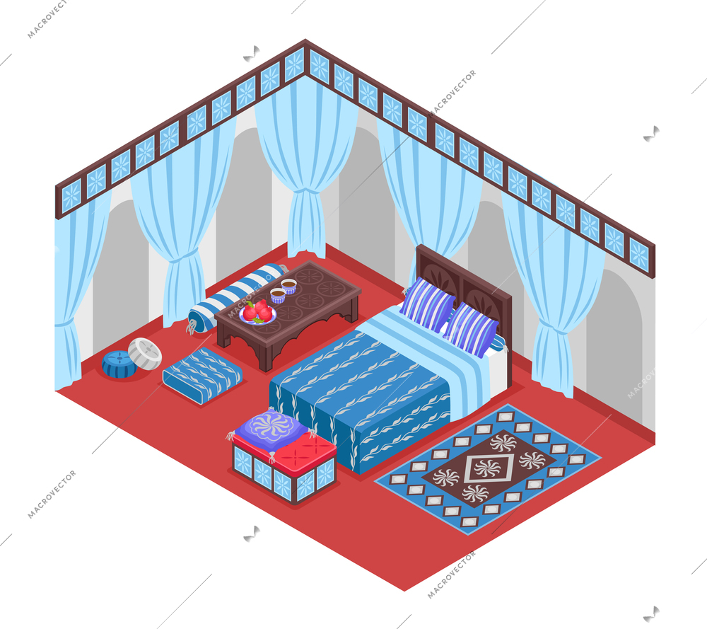 Middle eastern style interior concept with furniture isometric vector illustration