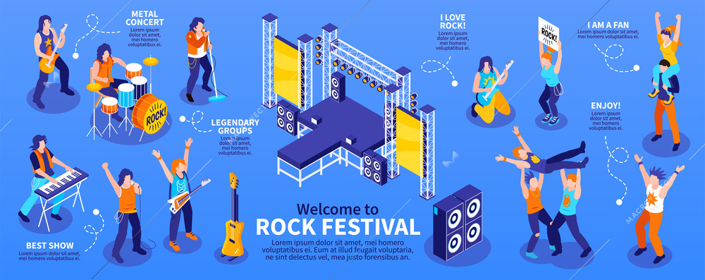 Rock star infographic set with metal concert symbols isometric vector illustration